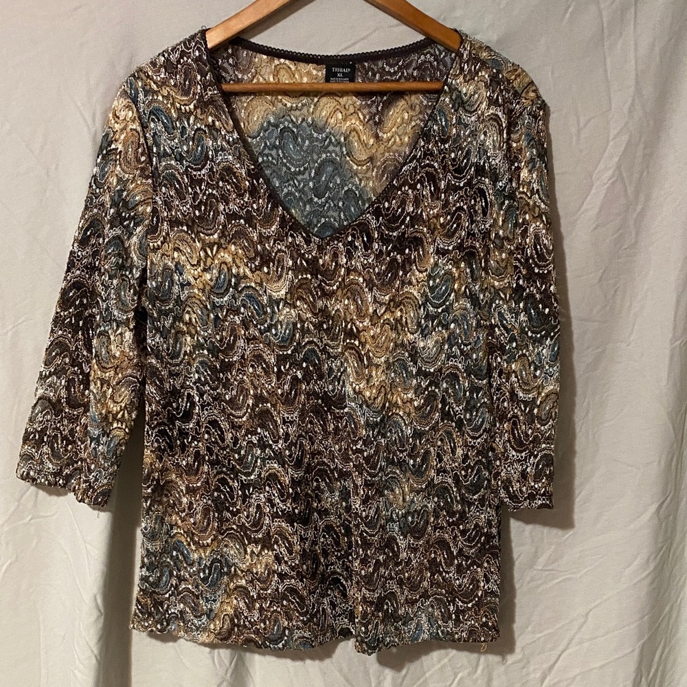 Tribal Brown Patterned V-Neck Knit Top